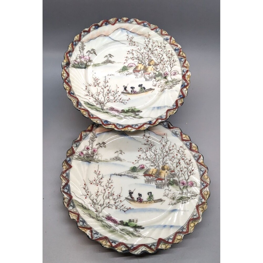 Kutani Japanese Geisha Girl River Scene Lot 2 Plates Porcelain Vintage Japan